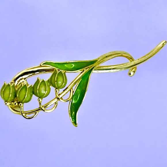 Lily of the Valley Green Enamel & Gold Plated Hair Clasp - Picture 1 of 5